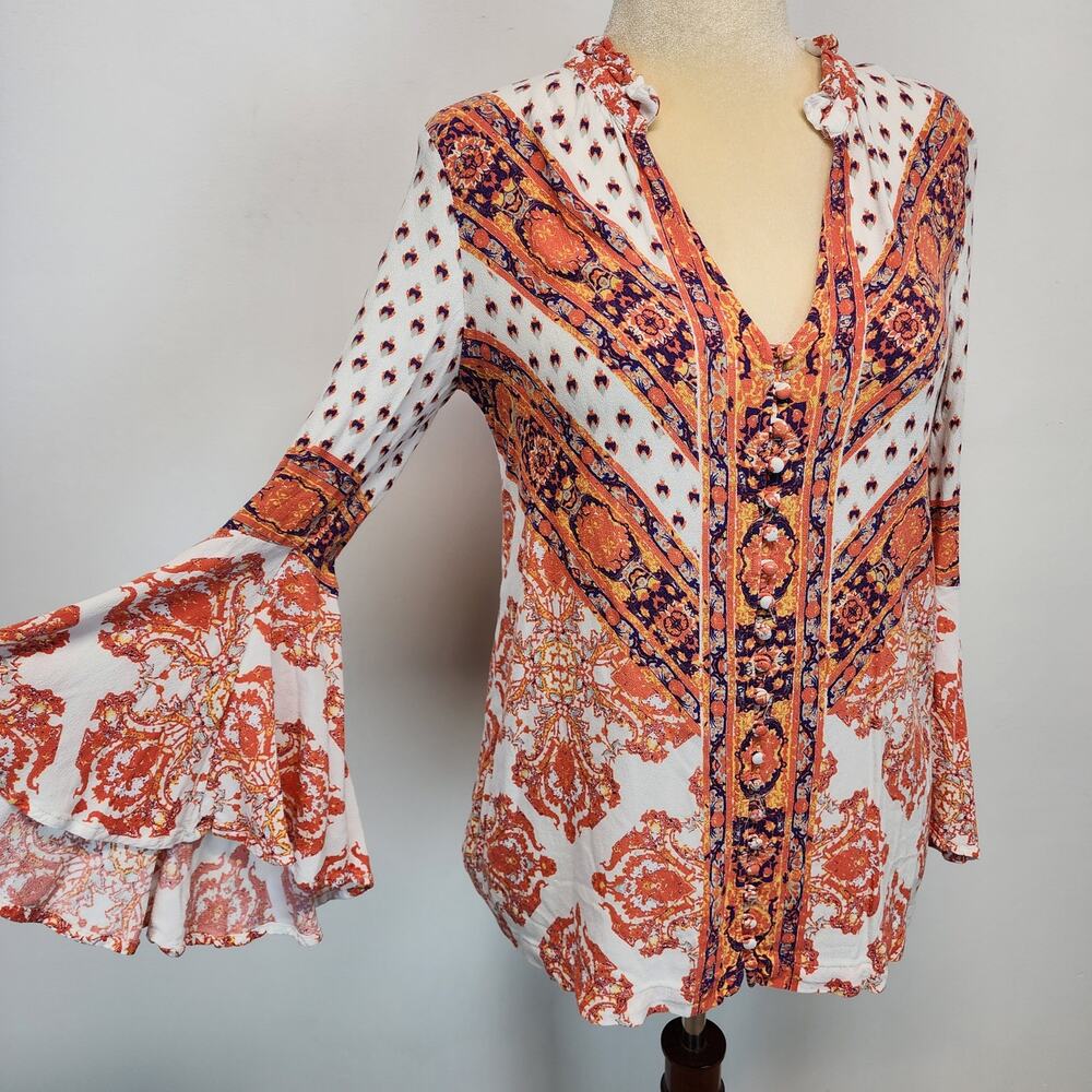 Free People White Orange Purple Boho Printed Peasant Blouse
